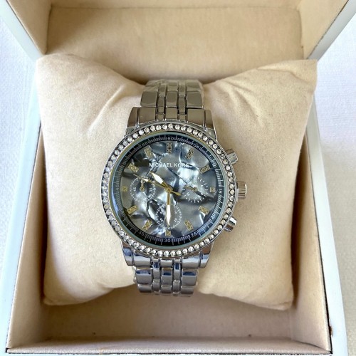 Женские часы MK с черным перламутровым циферблатом, серебро