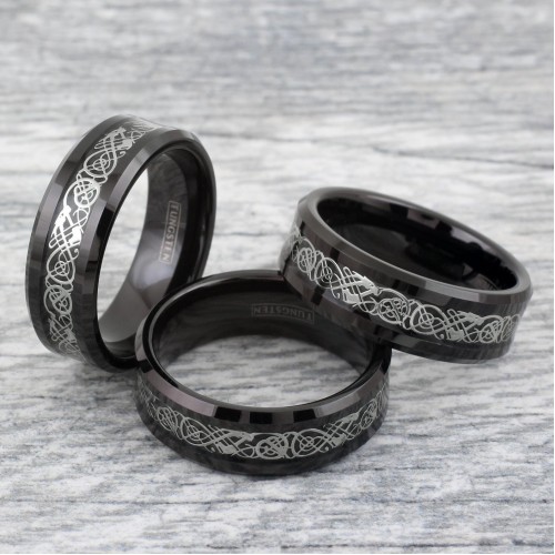 Мужское кольцо с узором "Кельтский дракон", черное с серебром