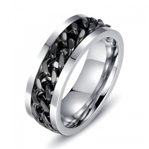 Мужское кольцо с вращающейся цепью, серебро с черным